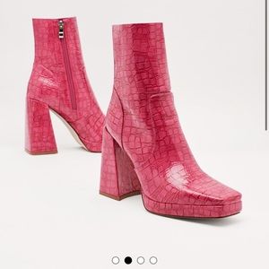 Nastygal pink faux snakeskin 4" platform boots.